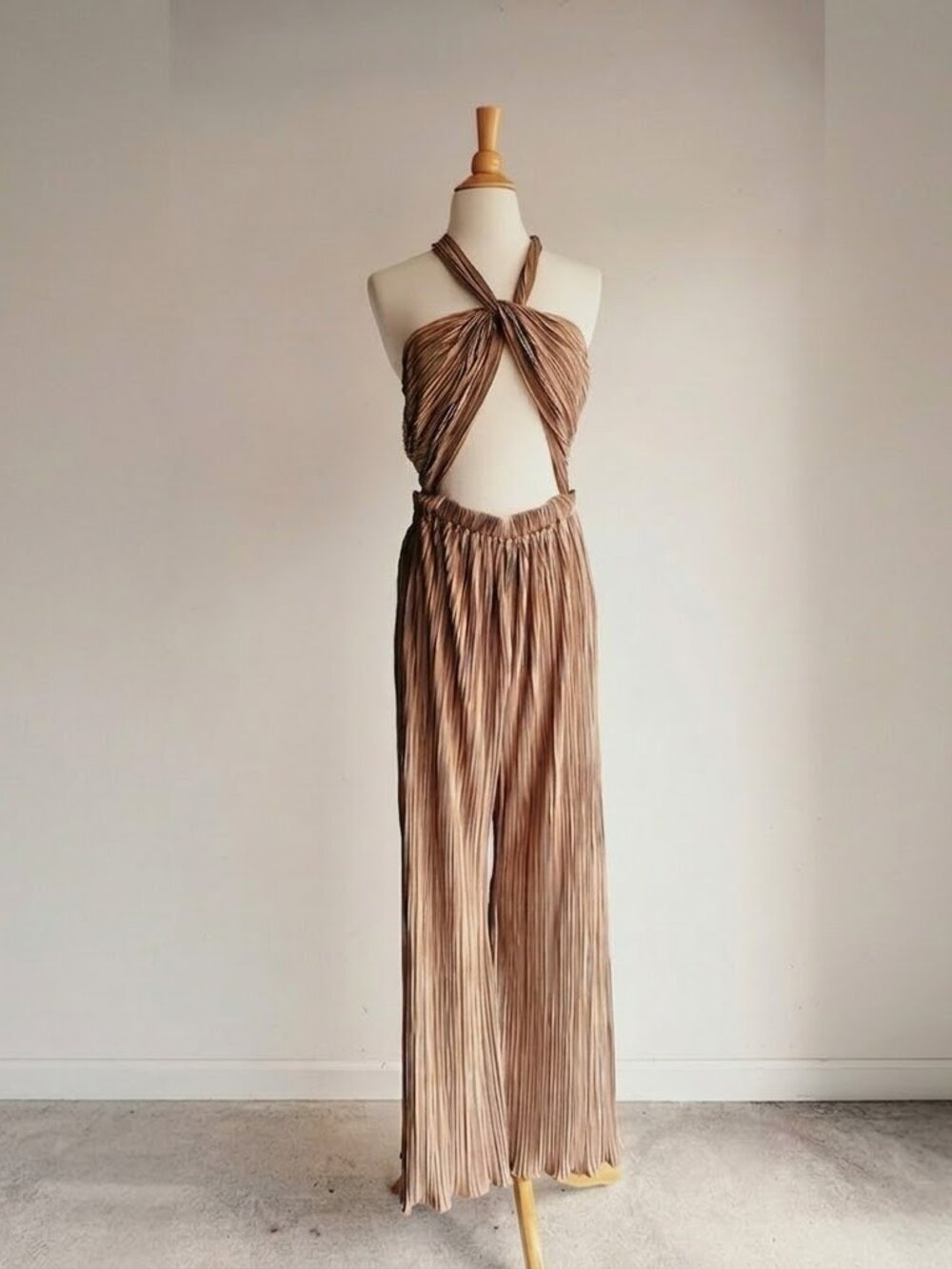 LPA Baina Pleated Halter Cutout Jumpsuit Tan Size M - Picture 4 of 8